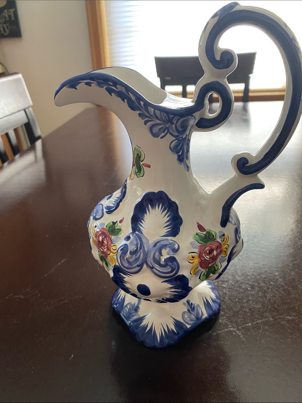 Vestal White Ceramic Pitcher with Blue Trim and Hand-Painted Floral Accents